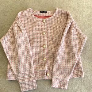 1950s style pink tweed blazer with faux pearl buttons